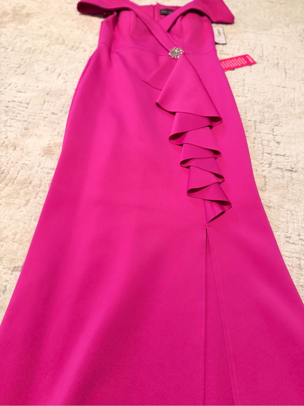 Jessica Howard Fuchsia Pink Maxi Dress with Rhinestone Brooch
